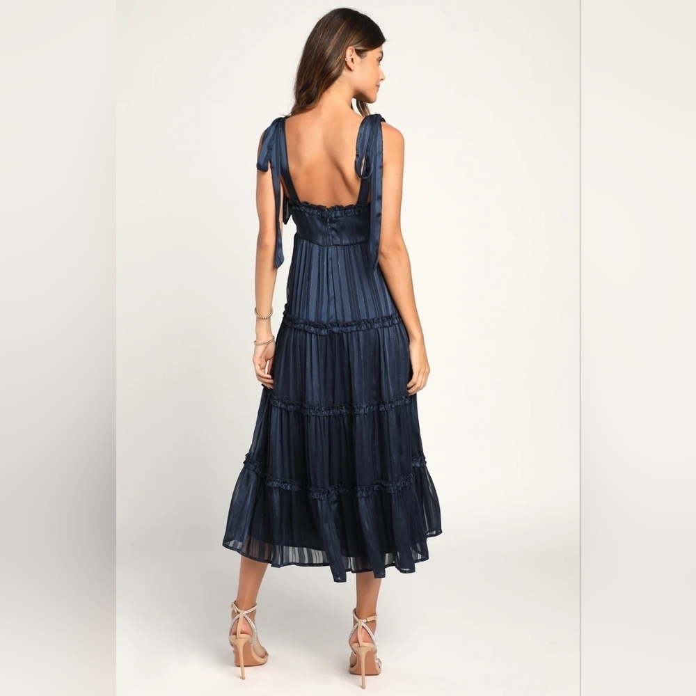Lulus Day for Romance Navy Blue Tie-Strap Tiered Midi Dress size S - Picture 4 of 16